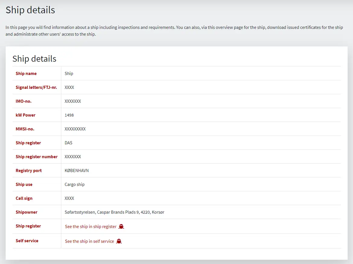 Figure 6: Detailed view for ship on Shipowner Self-service