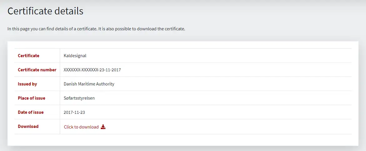 Figure 10: Detailed view for certificate on Shipowner Self-service