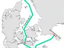 Kort over Transitruten Storebælt er passager fra Bornholms Gat over Storebælt til Skagen og omvendt. 